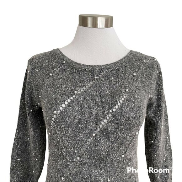 Vintage 80s Silk Angora Sweater Gray Tweed Open Knit Pearl Beaded Puff Sleeve - Picture 4 of 9